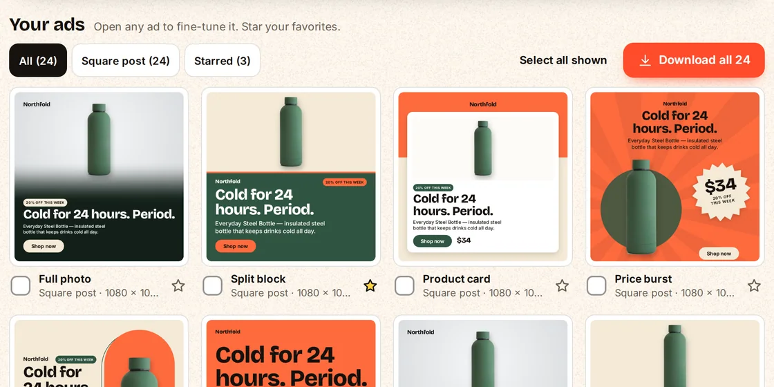 The Ads step of AdBatch: a grid of finished ads for the example bottle in several layouts, with stars and a download button.