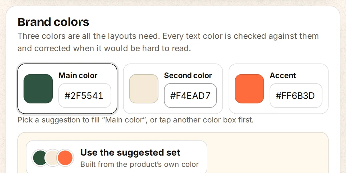 The Brand step of AdBatch: three brand colors suggested from the photo, five color ways and the font pairs.