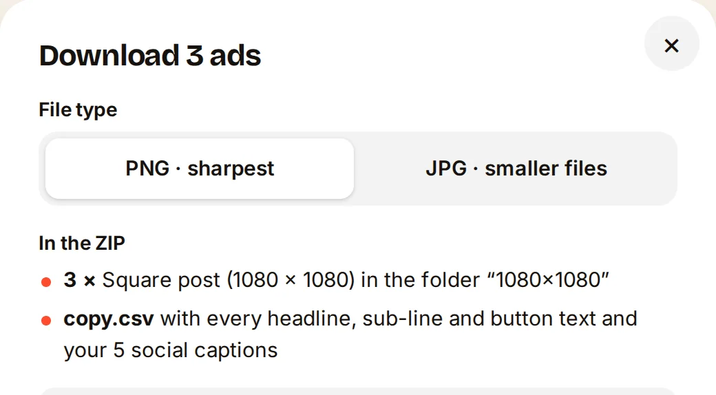 The download window of AdBatch: PNG or JPG, what the ZIP holds, and how many exports it uses.