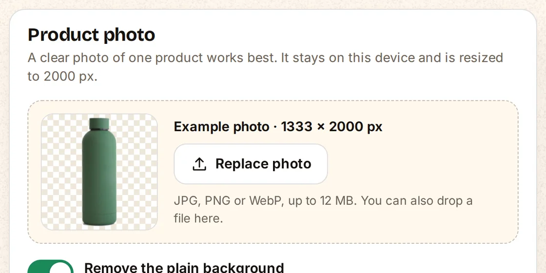 The Product step of AdBatch: the example bottle photo with its background removed, and the fields for name, description, price and offer.