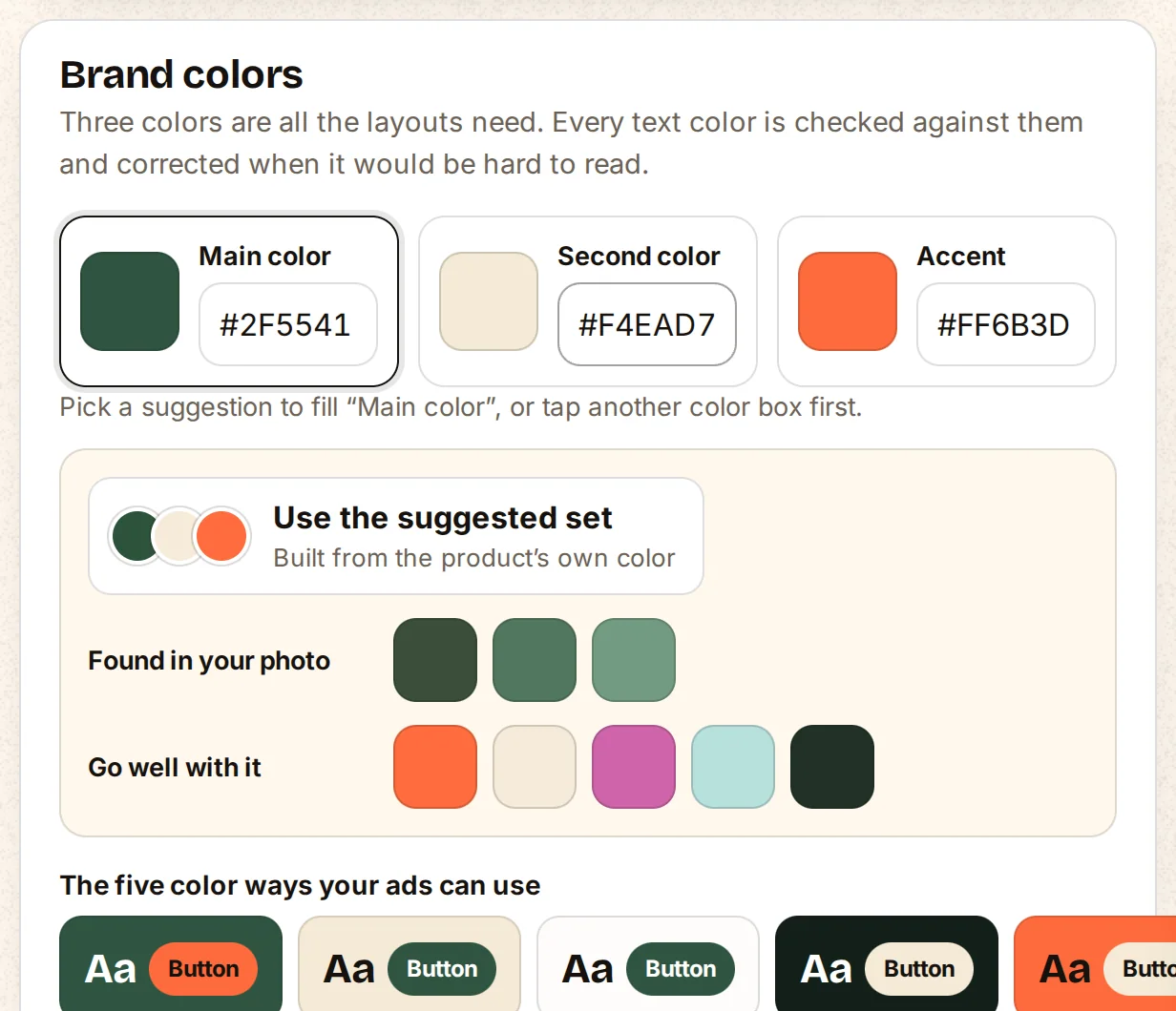 The Brand step in AdBatch showing color suggestions from the photo, the five color ways and font pair cards.