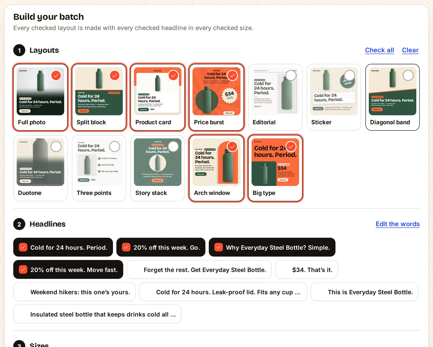 The Build your batch panel in AdBatch with twelve live layout thumbnails, the headline list and the size list.