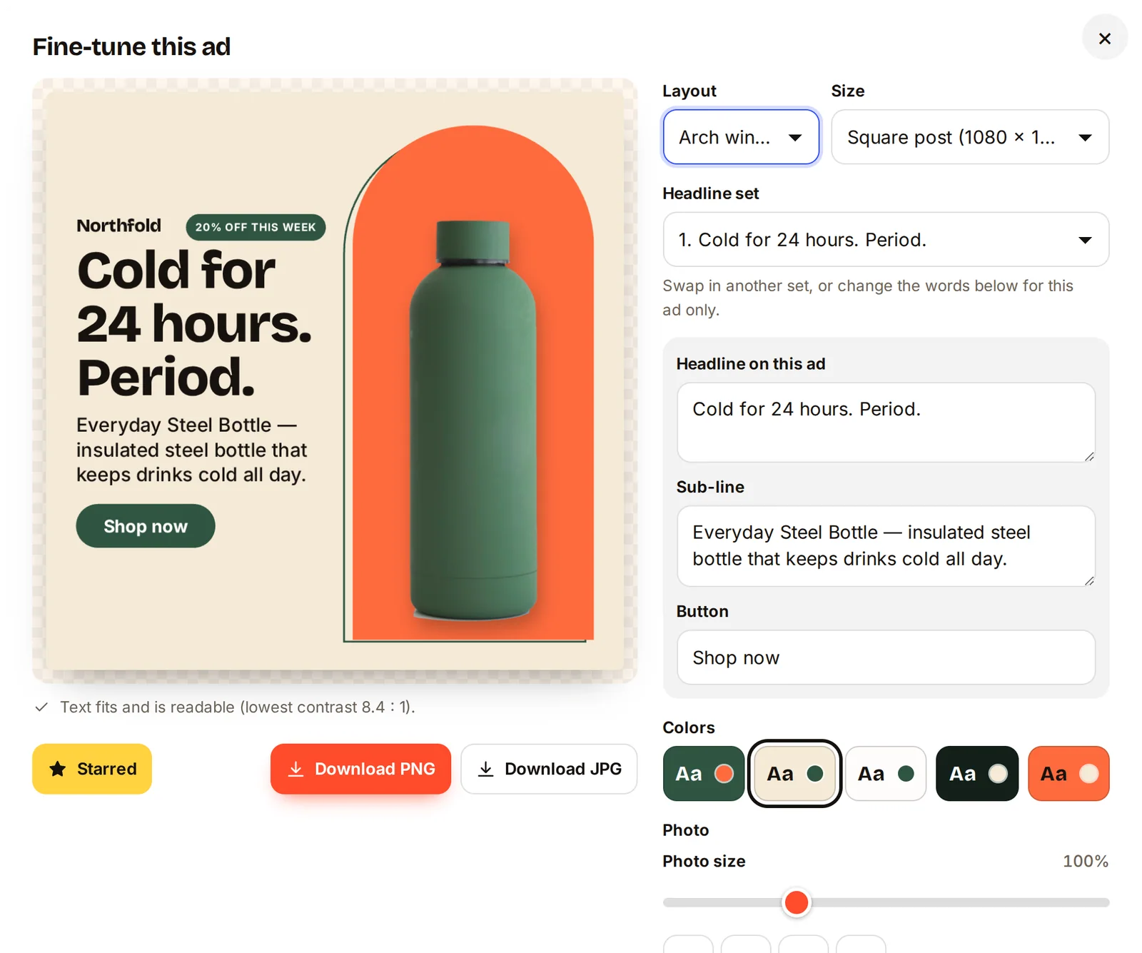 The fine-tune window in AdBatch: one ad at large size with controls for layout, size, headline, color way and photo position.