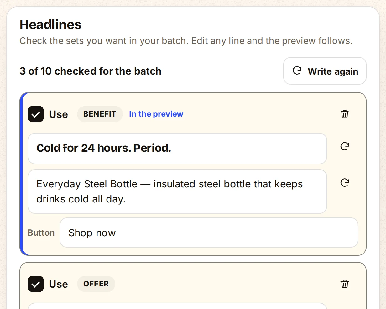 The Words step in AdBatch: headline sets with sub-lines and button text, each editable, and five social captions.
