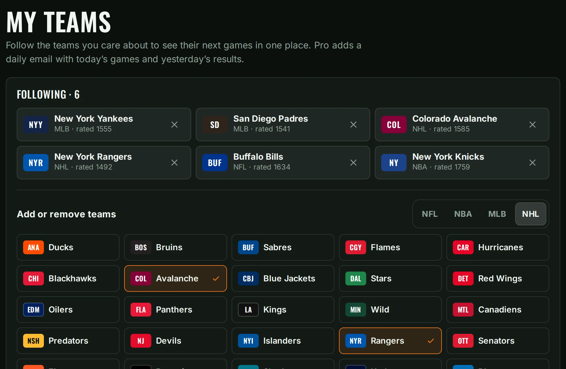 The My teams screen in the tool: followed teams and the switch for the daily email digest.