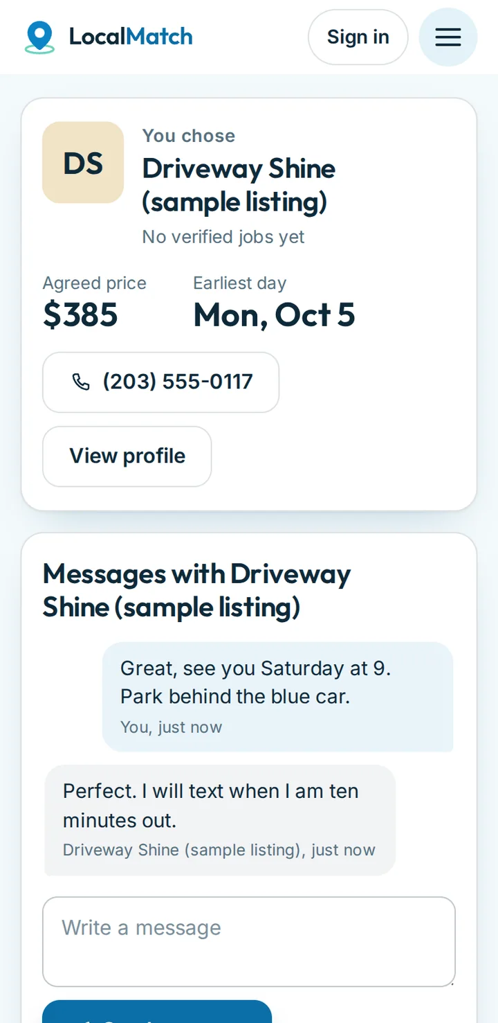The booked request on a phone: the chosen detailer, the agreed price, their phone number and the message thread