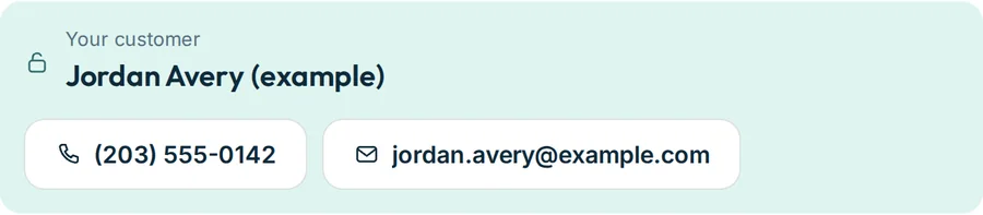 After accepting: Your customer, Jordan Avery (example), with a phone number and an email address