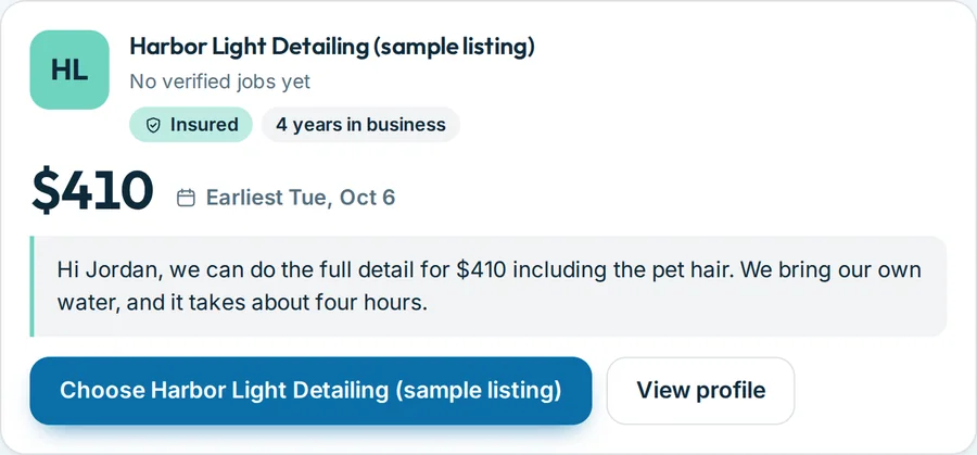 An offer card: Harbor Light Detailing (sample listing), insured, $410, earliest Monday