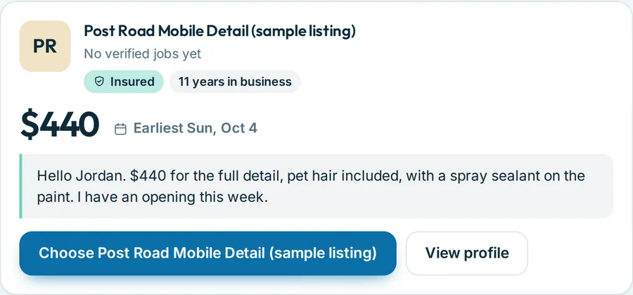 An offer card: Post Road Mobile Detail (sample listing), insured, $440, with a short message