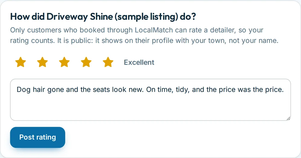 The rating form: five stars and a comment, shown only to a customer who booked