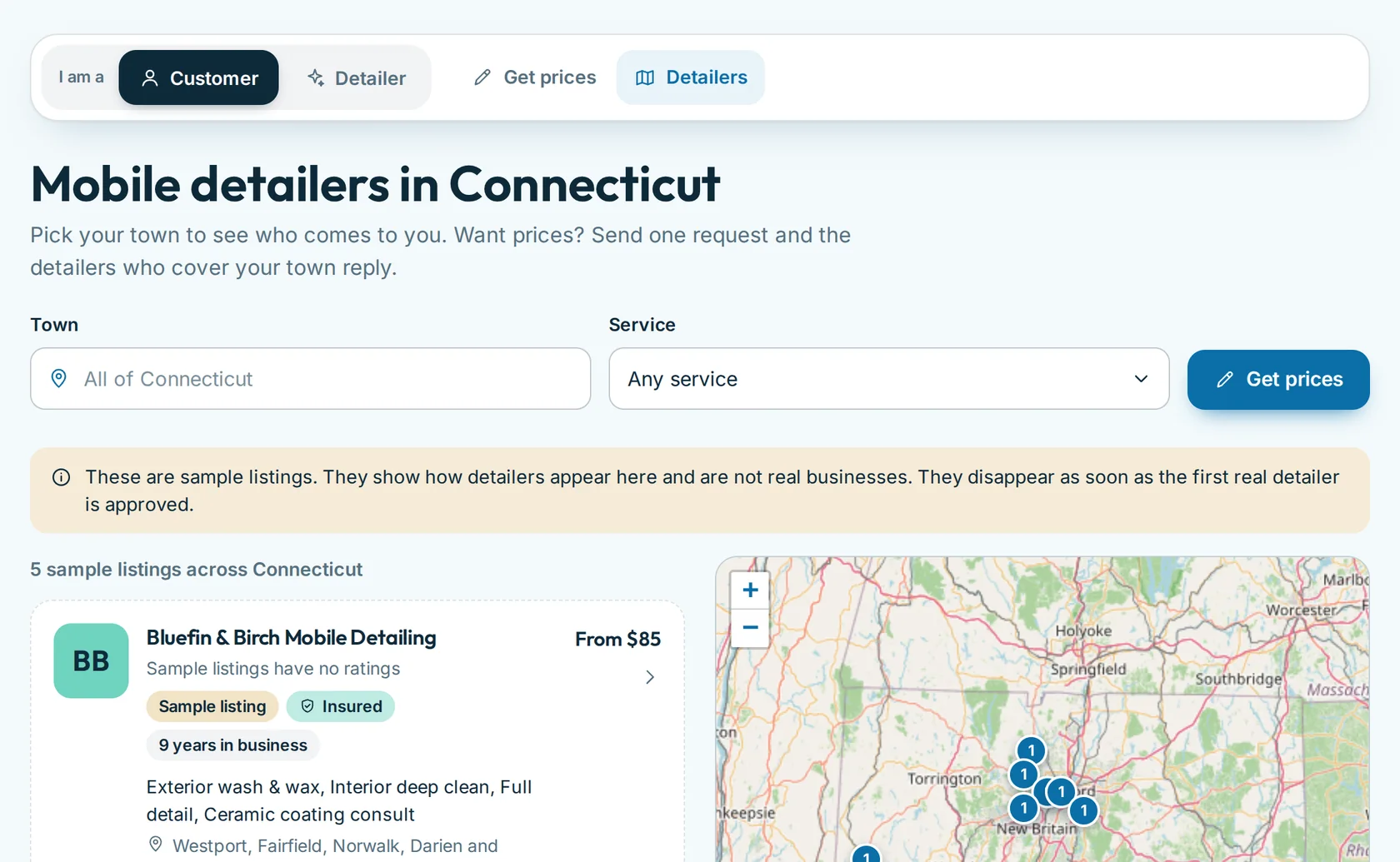 The LocalMatch directory showing listings marked Sample listing, with a notice that they are not real businesses, beside a map of Connecticut