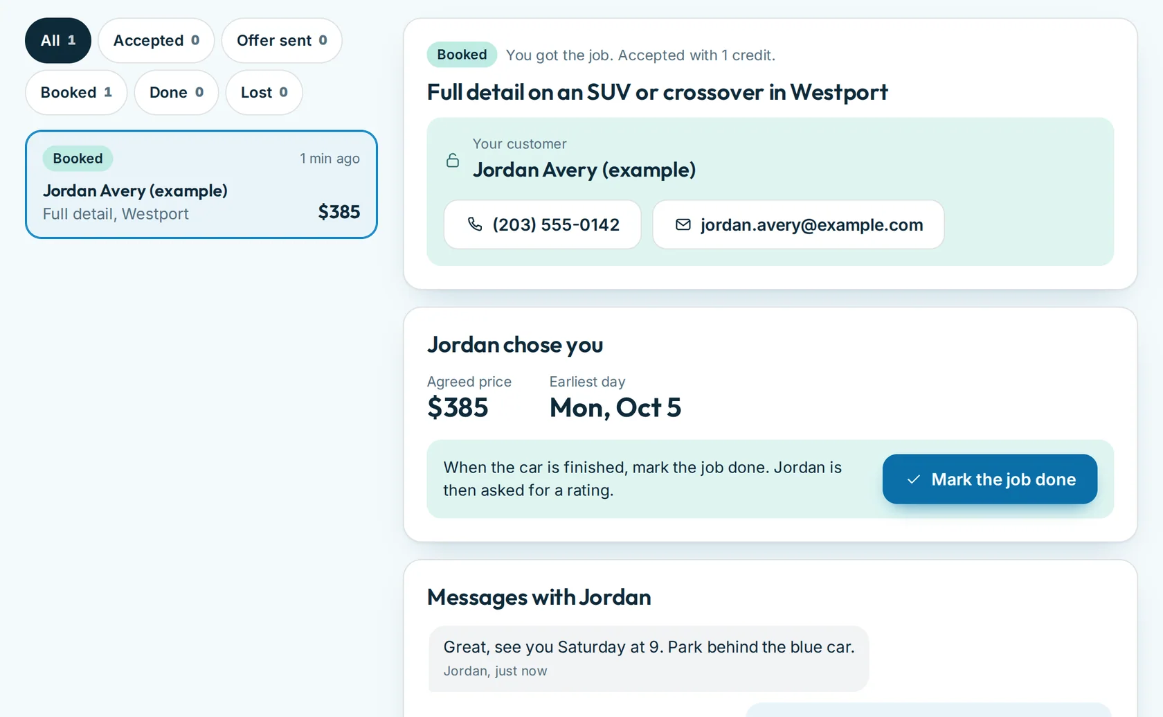 A booked job in the pipeline with the message thread between detailer and customer