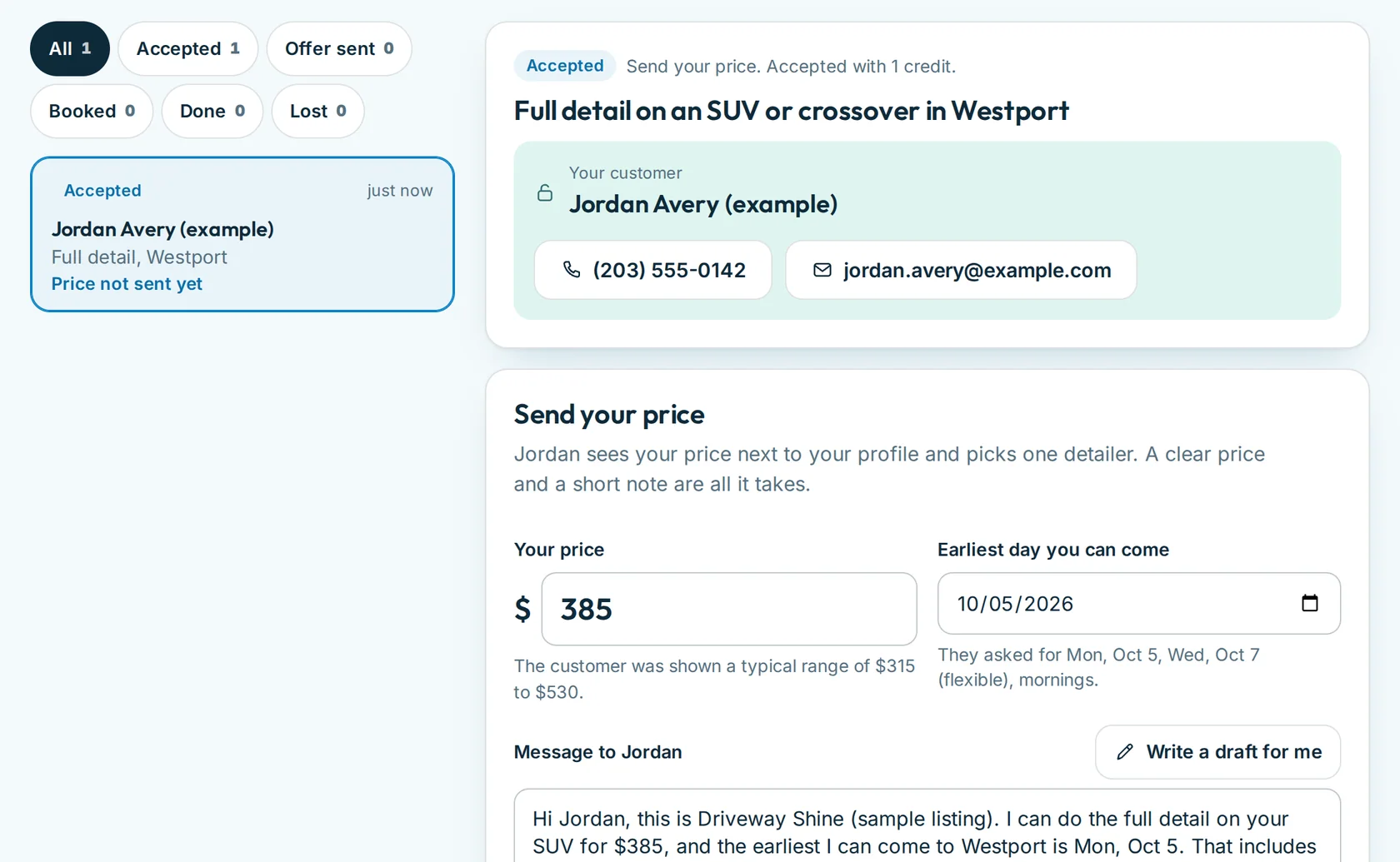 A job after accepting: the customer’s name, phone and email revealed, and the offer form with a drafted message