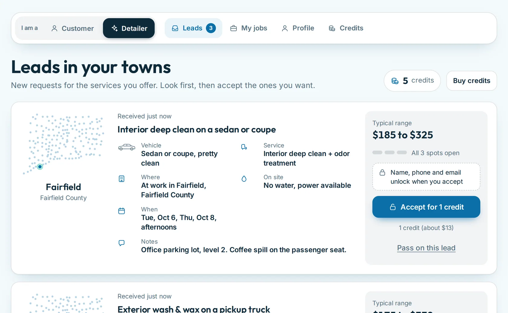 The leads inbox: three example jobs with full details, and a locked box where the customer’s contact would be