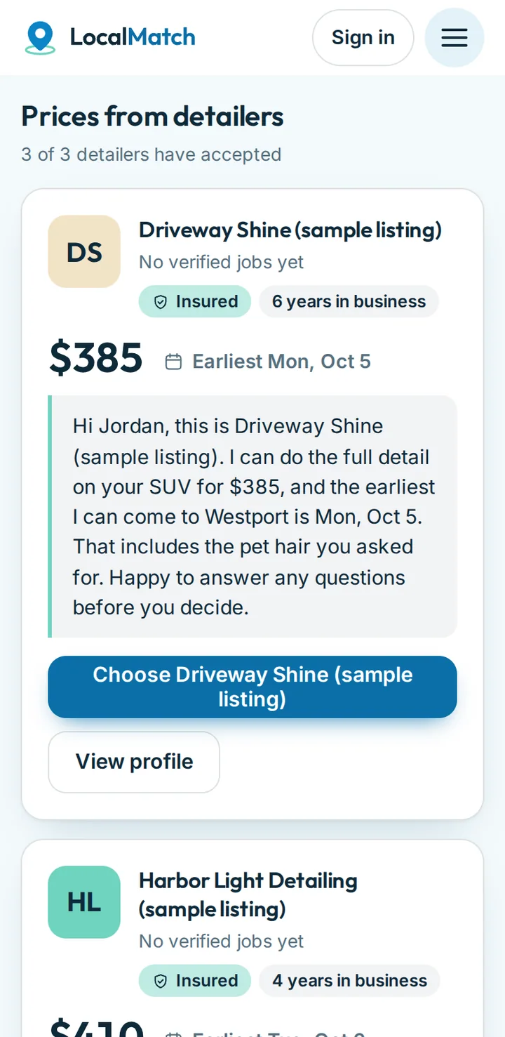 The customer’s private page on a phone, showing prices from three sample-listing detailers