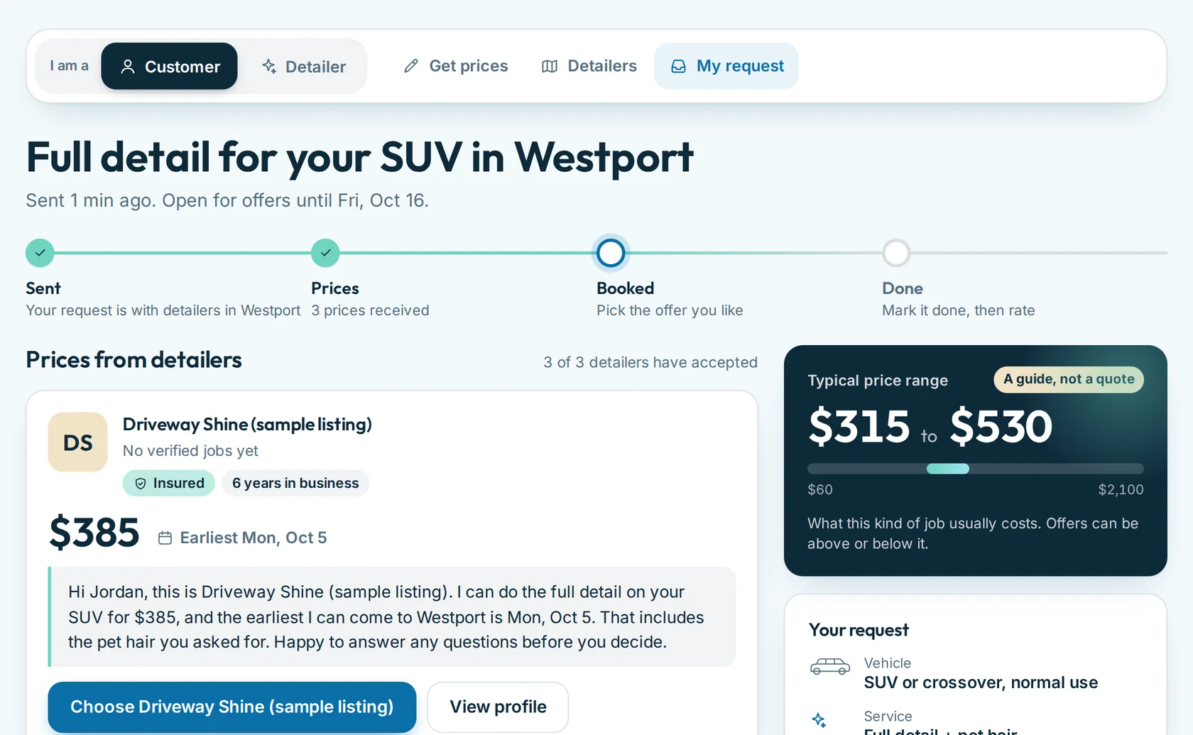 The private page with three example offers: $385, $410 and $440, each with the detailer’s badges and message
