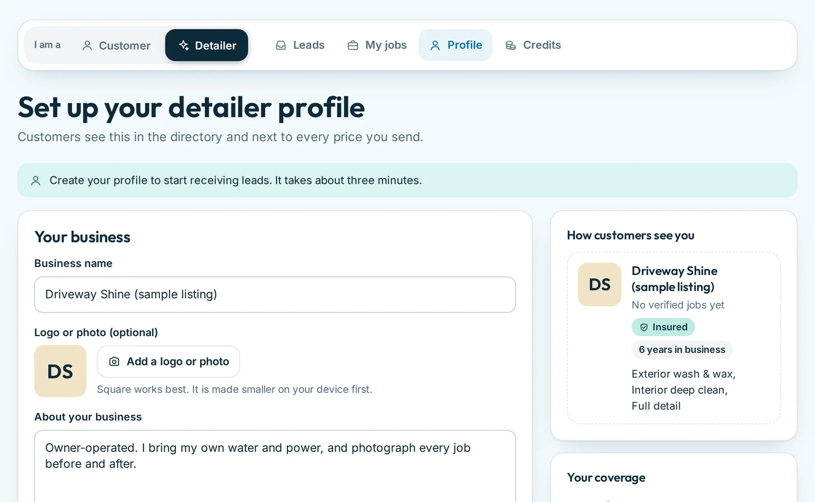The profile editor with a live “How customers see you” card