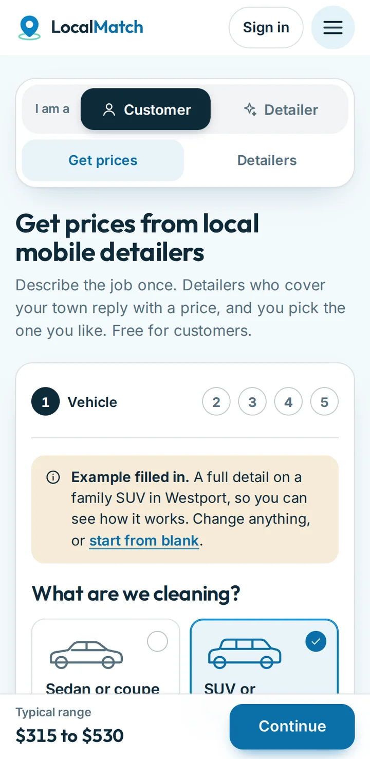 The LocalMatch request form on a phone: step one, choosing the vehicle, with an example filled in