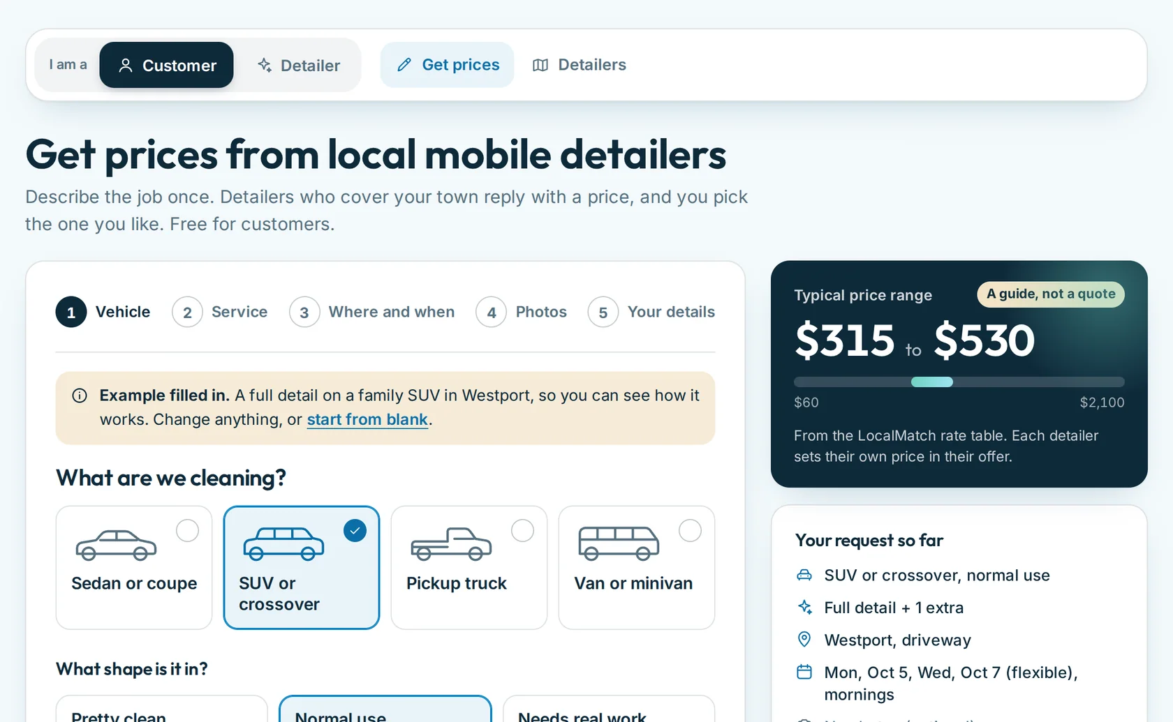 The request form, step one: vehicle and condition, with the typical price range beside it