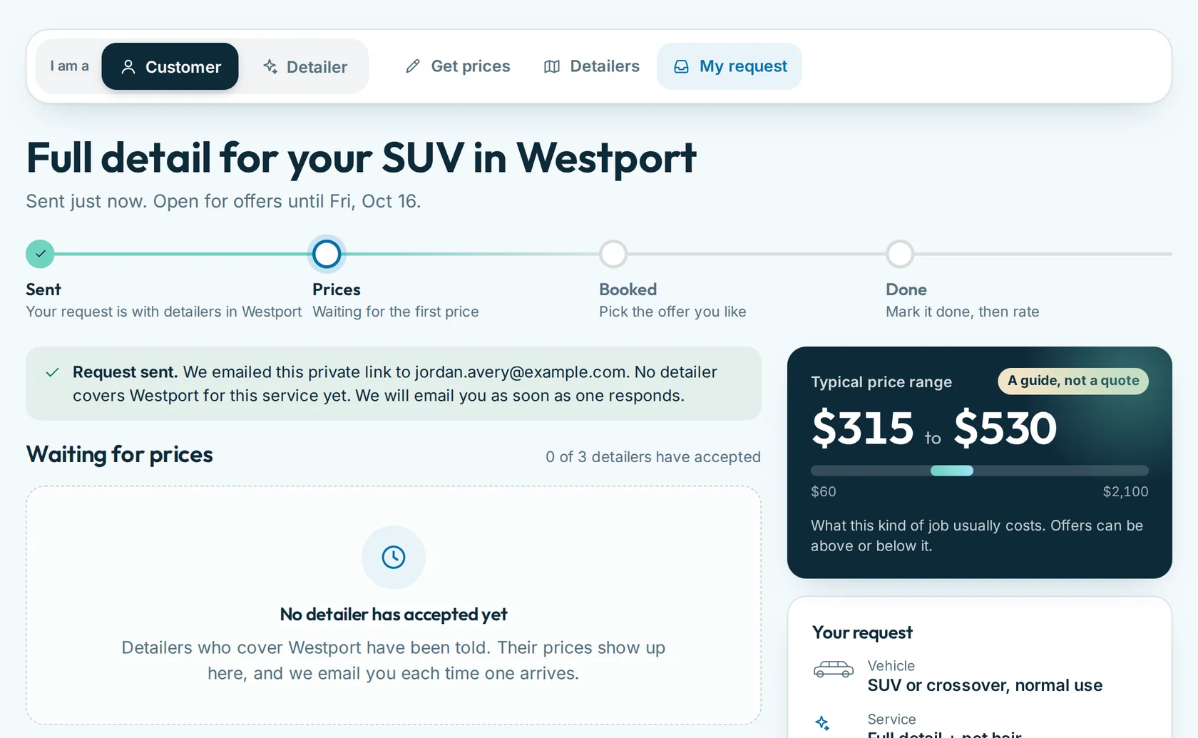 The private page right after sending: the tracker shows Sent, and it says detailers who cover Westport have been told