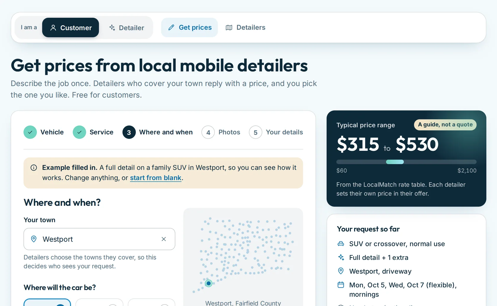 The town picker in the request form, with Westport chosen and lit on the dot map