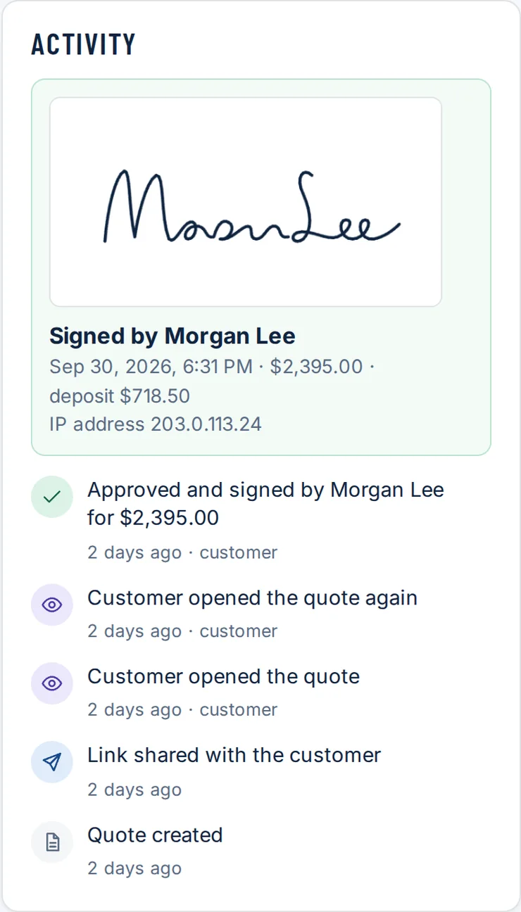 The activity panel with the signature, Signed by Morgan Lee, the time, amount and IP address, and the event log
