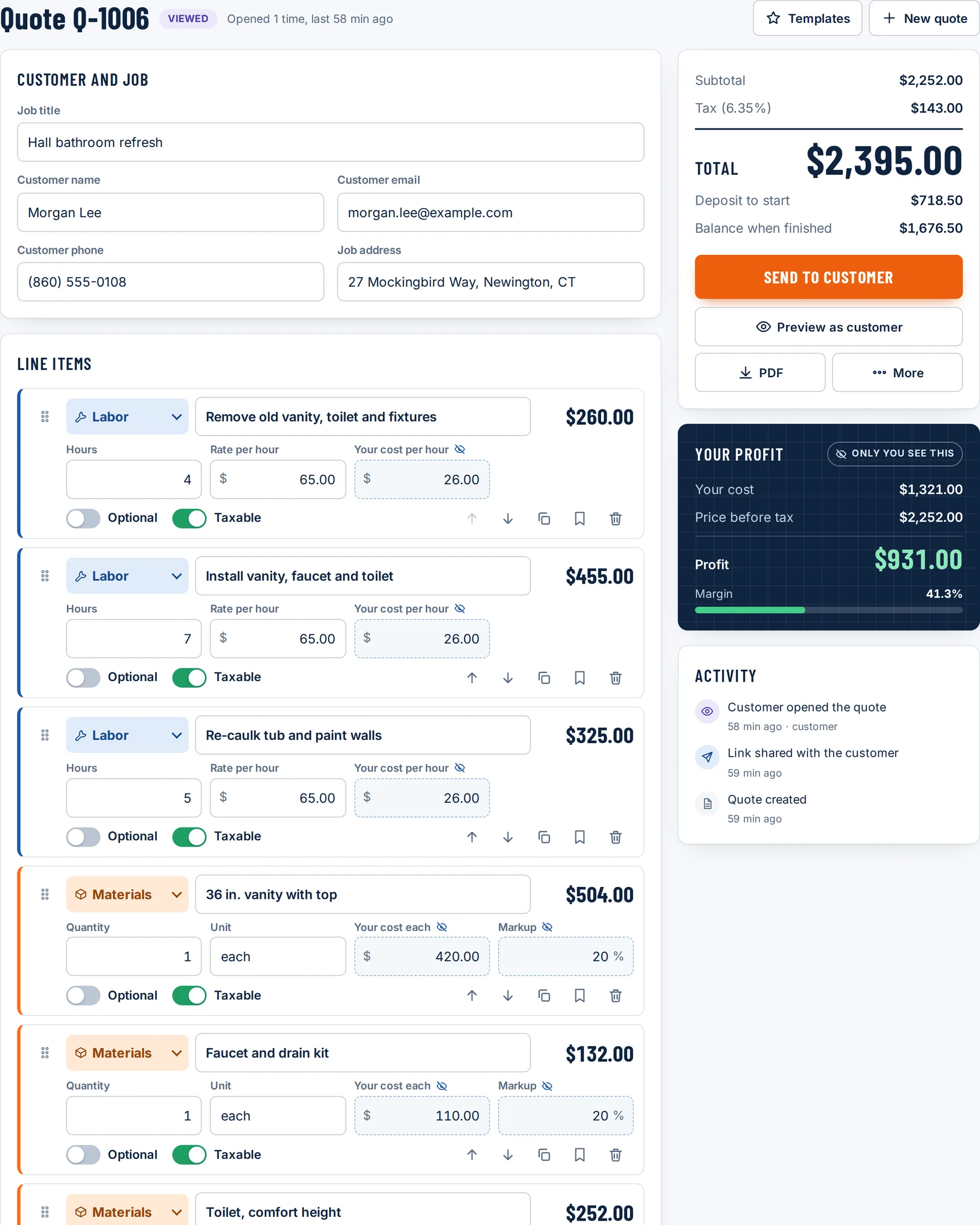 The QuoteKit builder: customer and job details, labor and materials lines, the live total and the profit panel