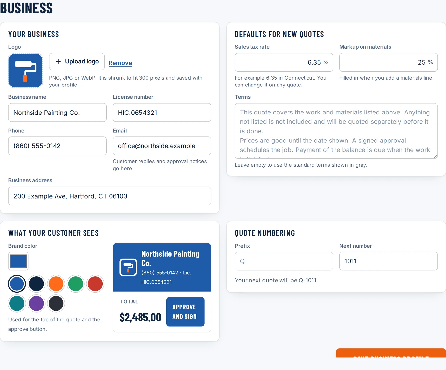 The business profile screen with logo upload, contact details, default tax and markup, and a brand color picker with a live preview