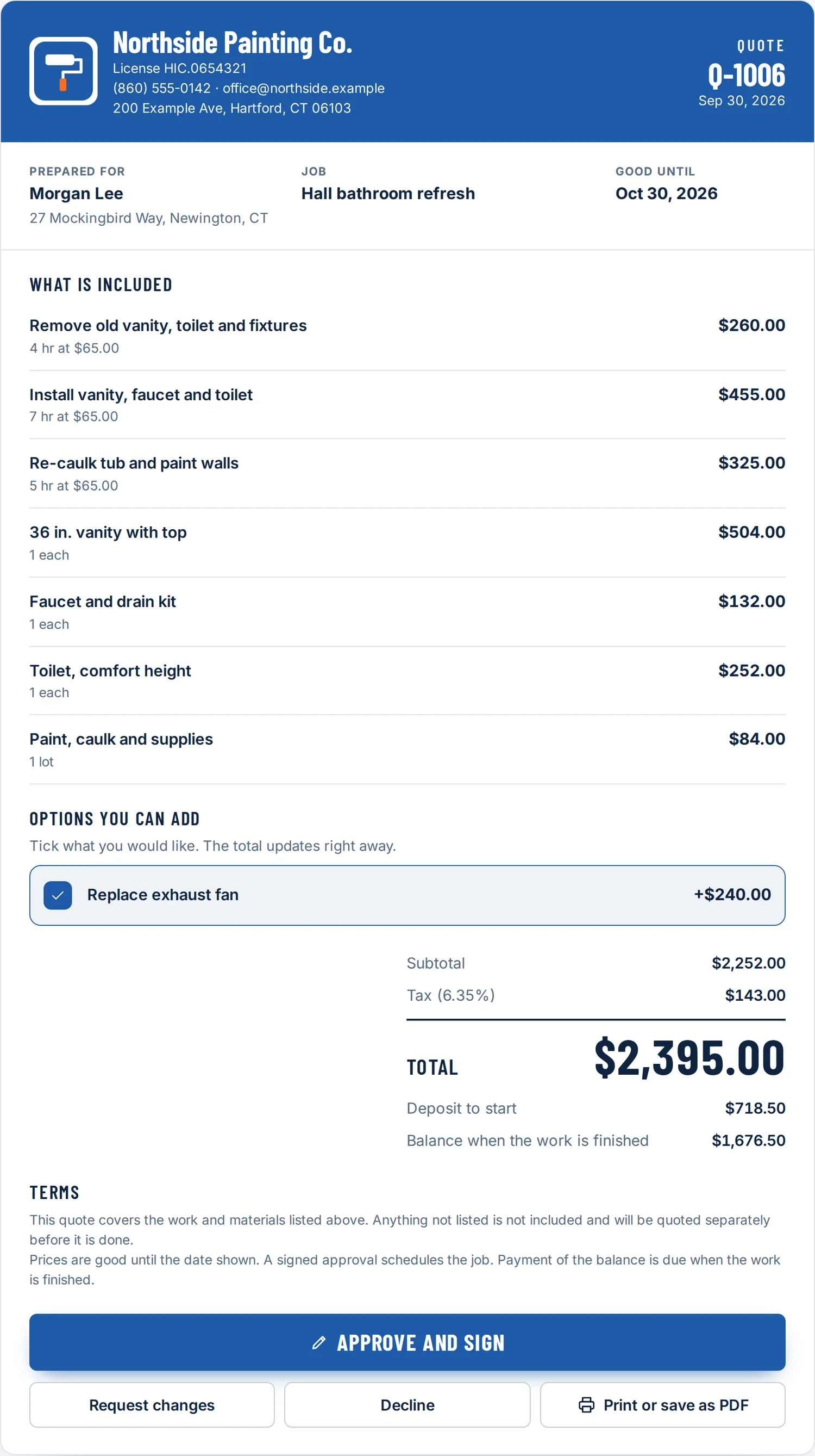 The customer view of a quote with the business header, line items, an option ticked, totals and the Approve and sign button