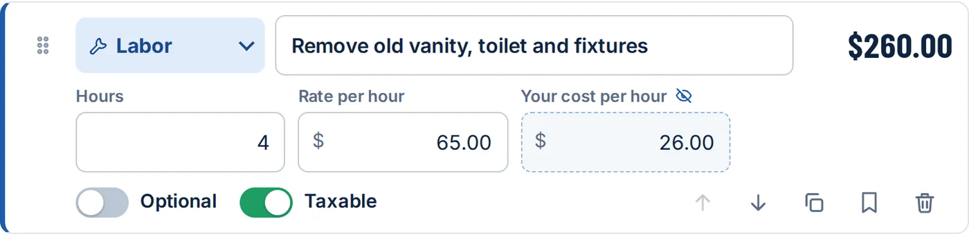 Builder view of the same line with hours 4, rate per hour $65.00 and your cost per hour $26.00