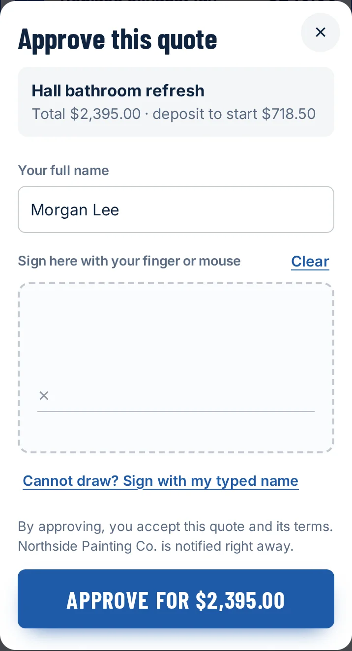 The Approve this quote dialog: the customer has typed the name Morgan Lee and signs in the box with a finger