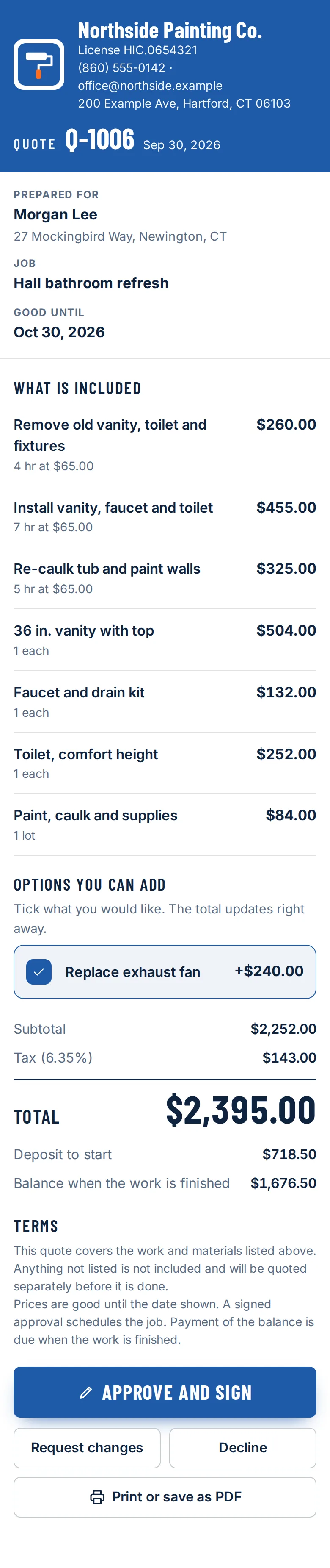 What the customer sees on their phone: the business header, the quote number, line items, an option to tick, the total and the Approve and sign button