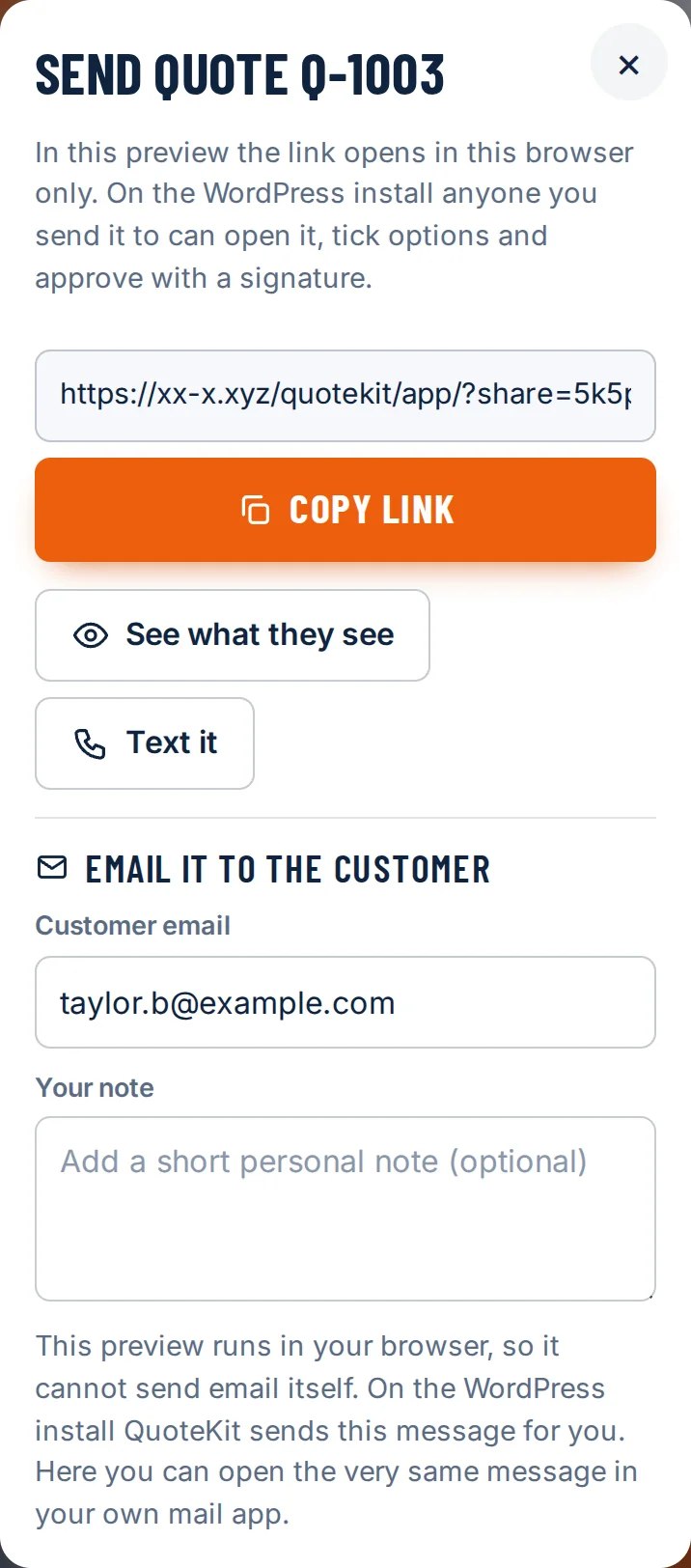The Send quote dialog on a phone with the link, Copy link, See what they see, Text it and Email it to the customer