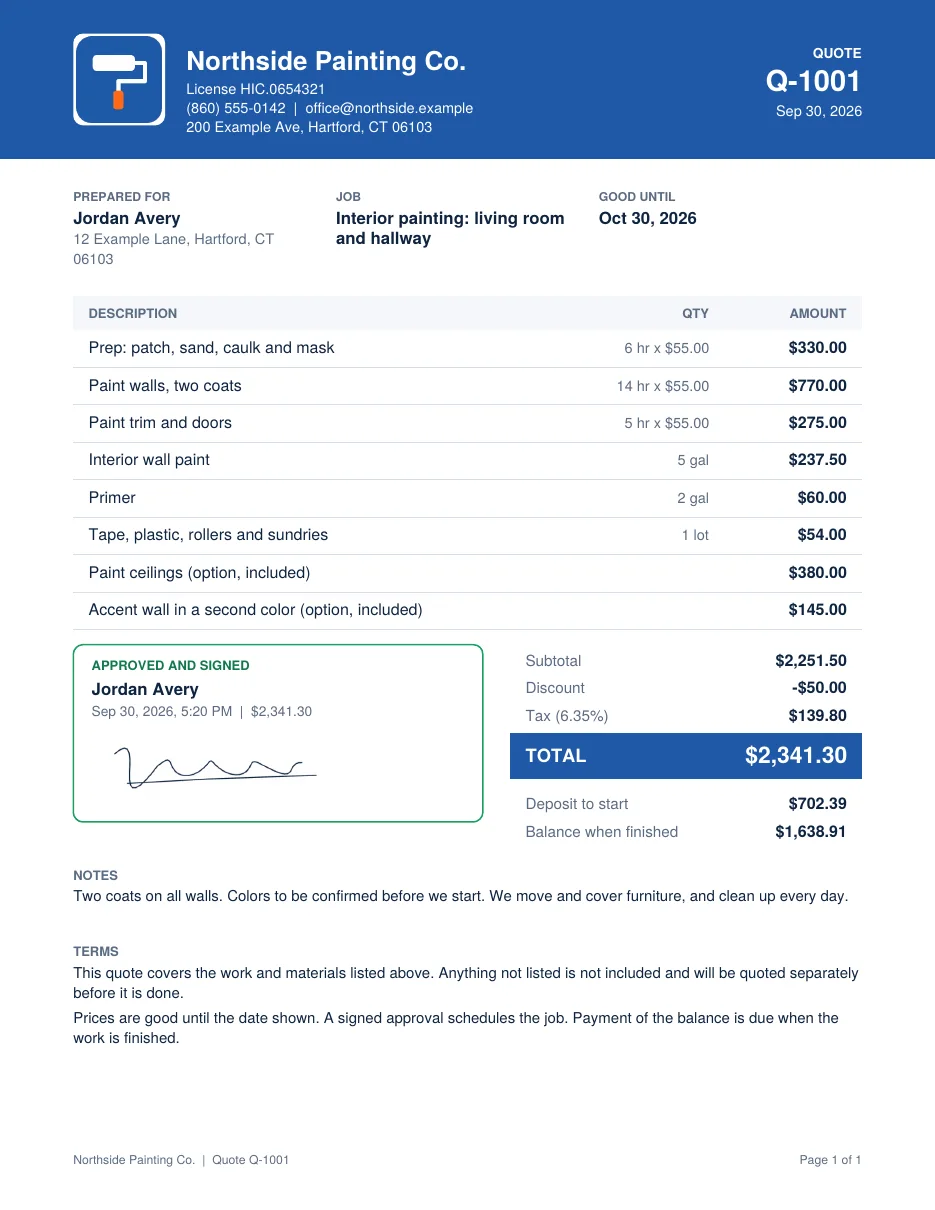 A generated PDF quote with a blue business header, line items, totals and an Approved and signed box