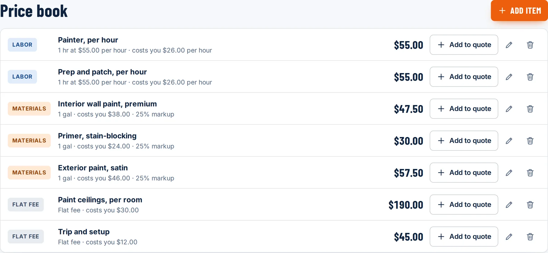 The price book with saved labor, materials and flat fee items and Add to quote buttons