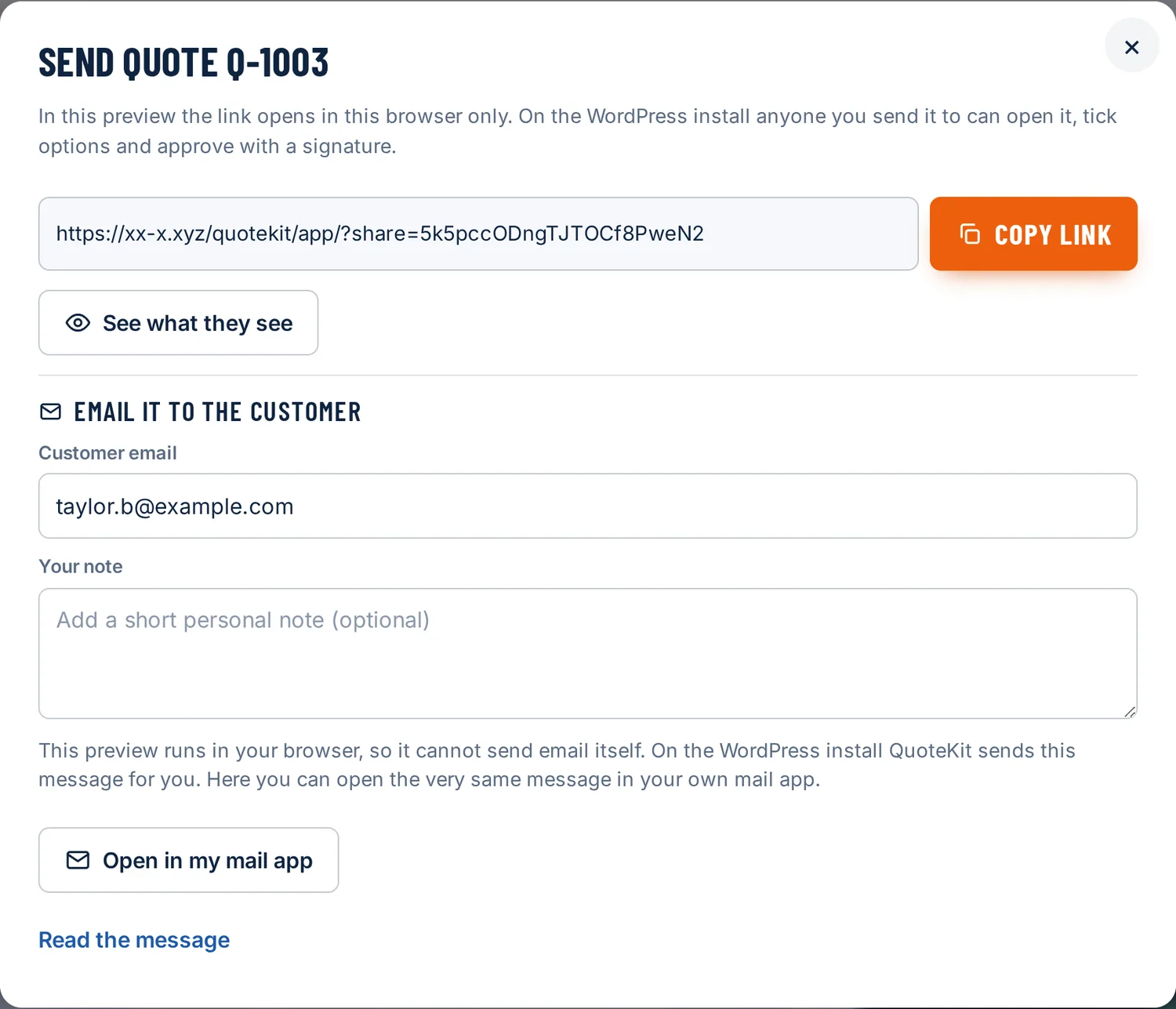 The Send quote dialog with the link, Copy link, See what they see, and Email it to the customer