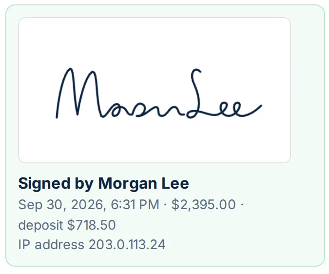 The signed record on the contractor side: the signature, Signed by Morgan Lee, Sep 30 2026, $2,395.00, deposit $718.50, and the IP address