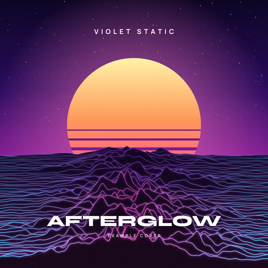 The example cover art: a sun setting over neon wireframe hills, titled Afterglow