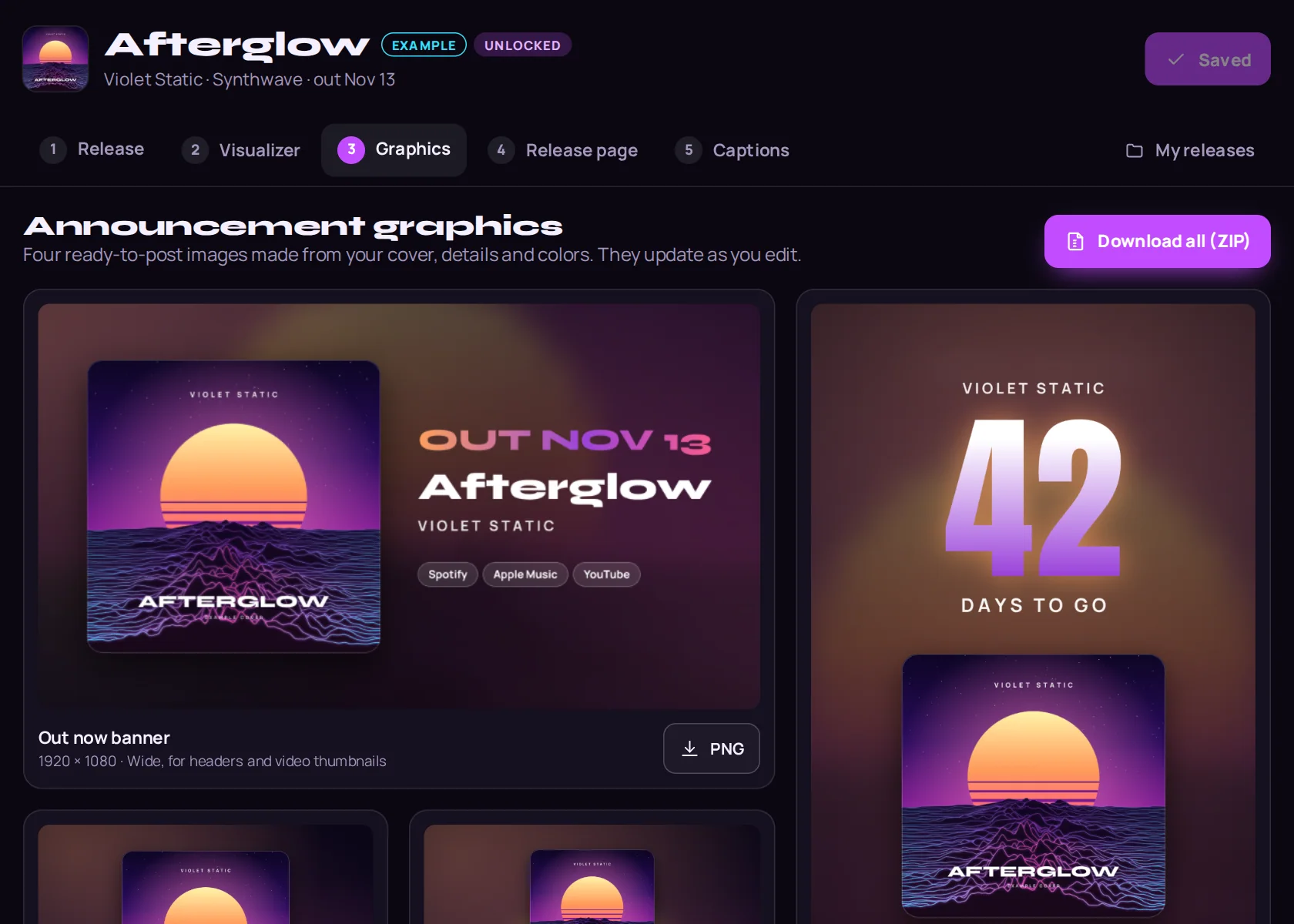 The graphics screen: the out now banner, story countdown, announcement post and link card for the example release