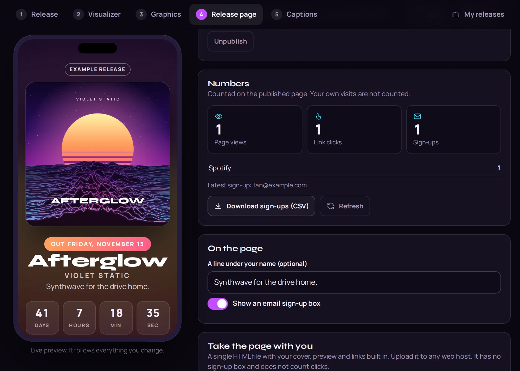 The release page screen: a phone preview of the page beside its numbers and page options