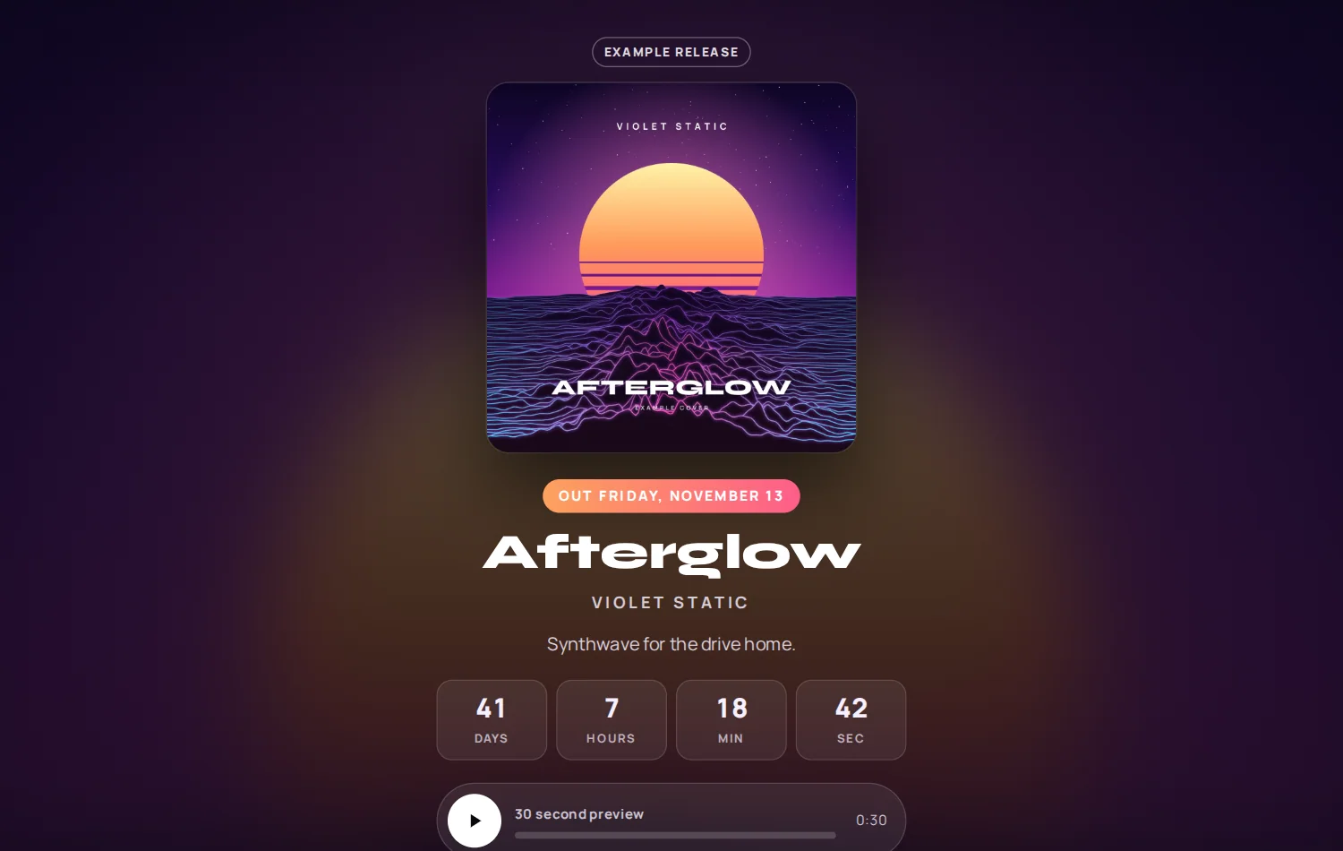 A ReleaseKit release page: cover art, release date, title, countdown, preview player and platform buttons