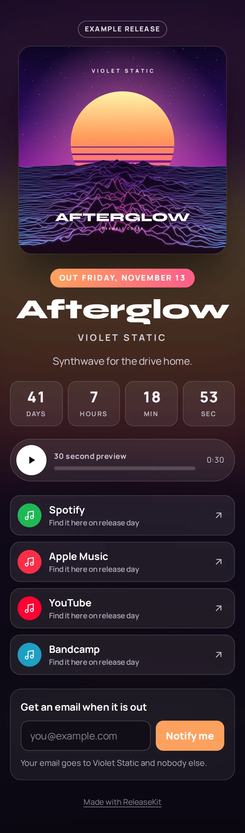 The example release page on a phone: cover, release date, title, countdown, preview player, platform buttons and a notify-me box