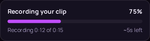 The tool recording a clip: a progress card reading the percentage done and the seconds left