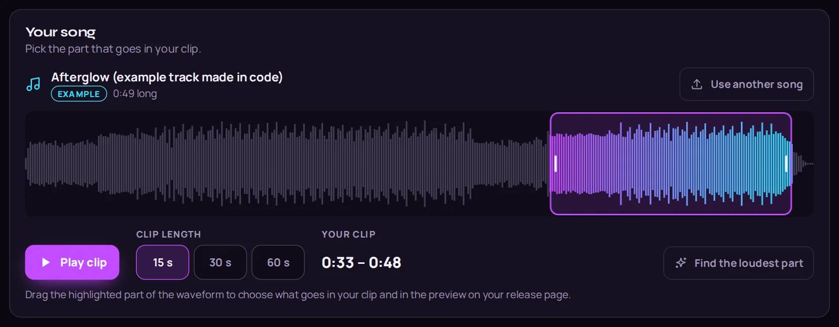 The ReleaseKit release screen: the waveform of the example track with a highlighted fifteen second window and the clip length buttons