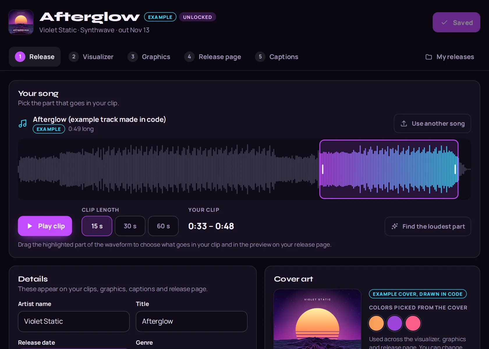 The release screen: waveform with the clip window, clip length buttons, release details and cover art