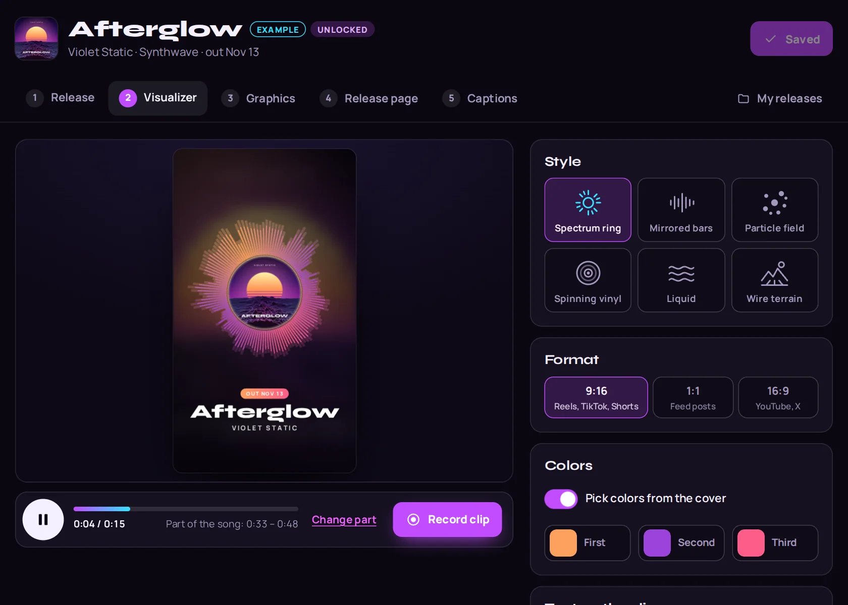 The visualizer screen: a vertical preview of the spectrum ring with style, format, color and text controls