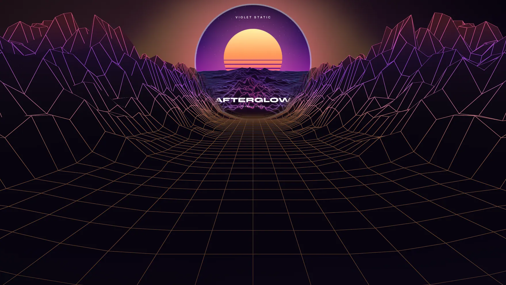 The wire terrain visualizer: a neon wireframe landscape rolling toward the horizon, with the example cover as the sun