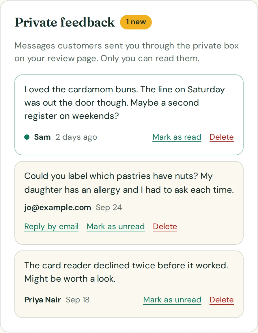 The private feedback inbox with one new message from a customer
