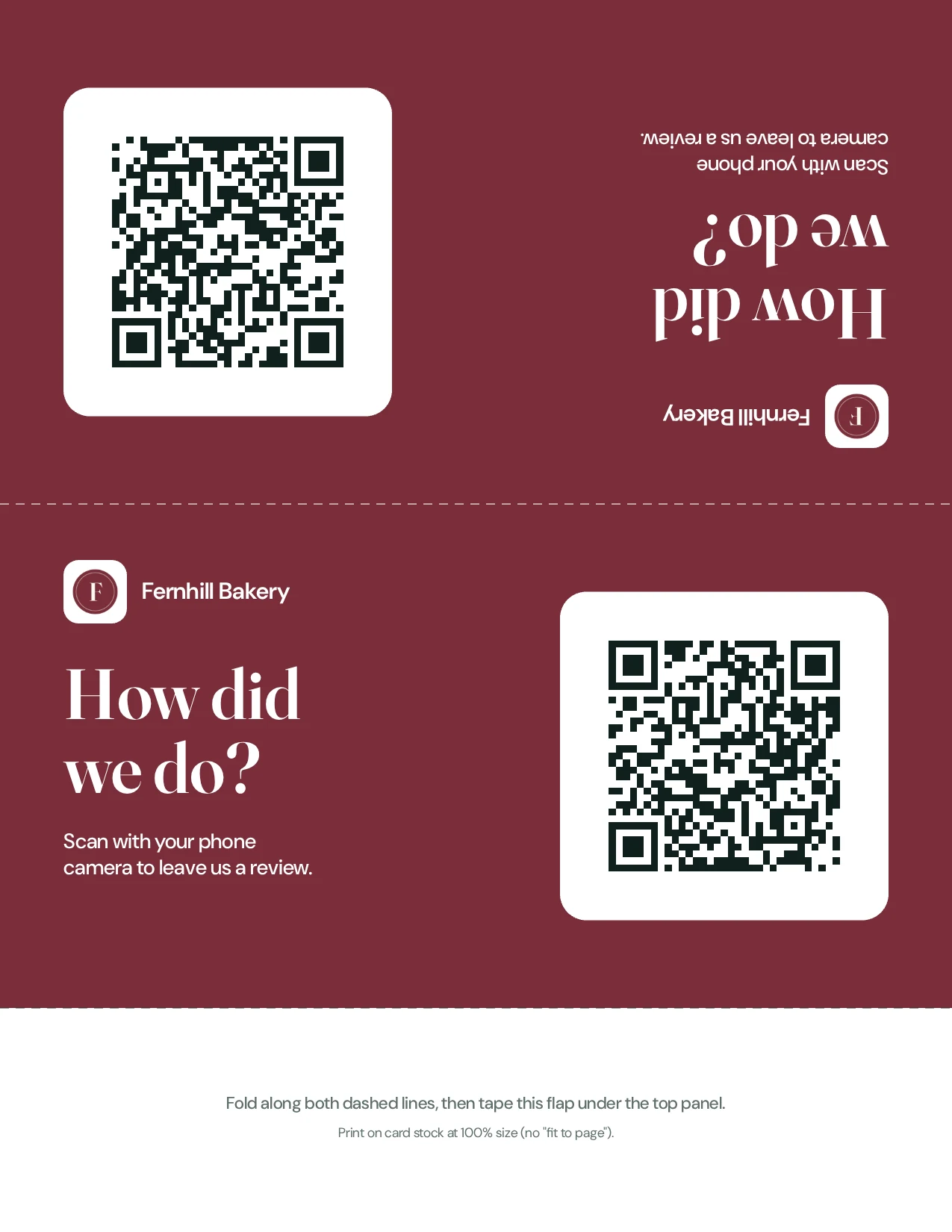 The table tent sheet: two burgundy panels, one printed upside down, each with a QR code and the headline How did we do?, and a white flap with folding instructions