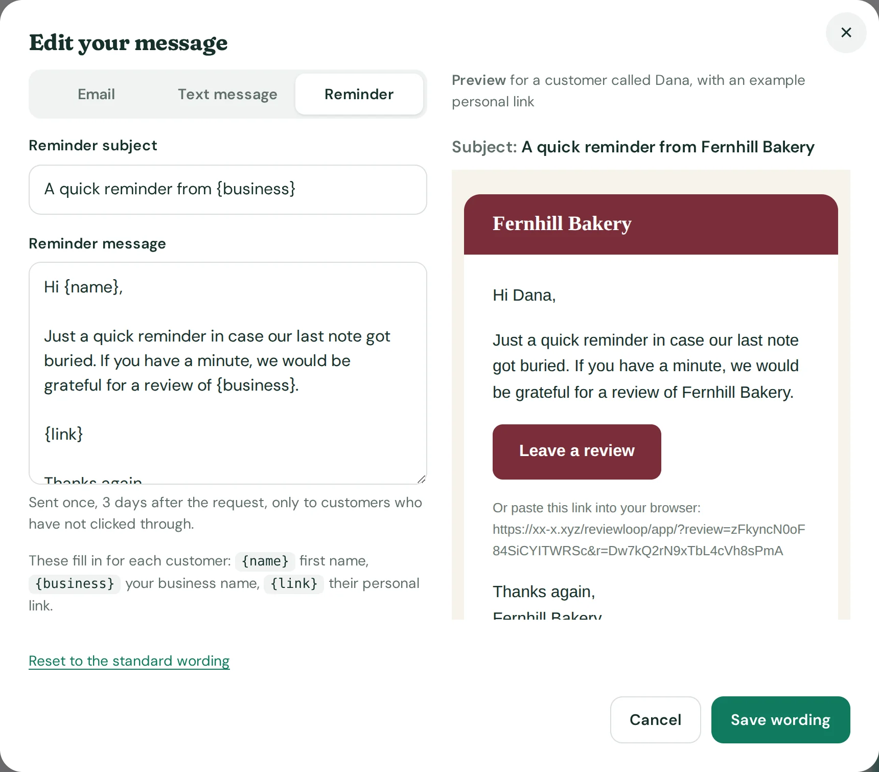 The reminder wording in the message editor with a preview of the reminder email